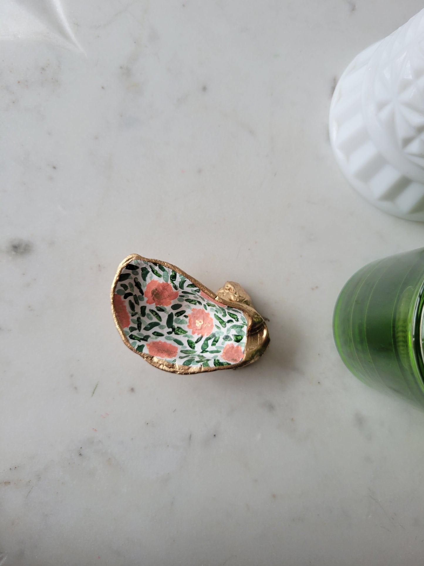 Oyster Shell Ring Dish: Handpainted Peach Florals