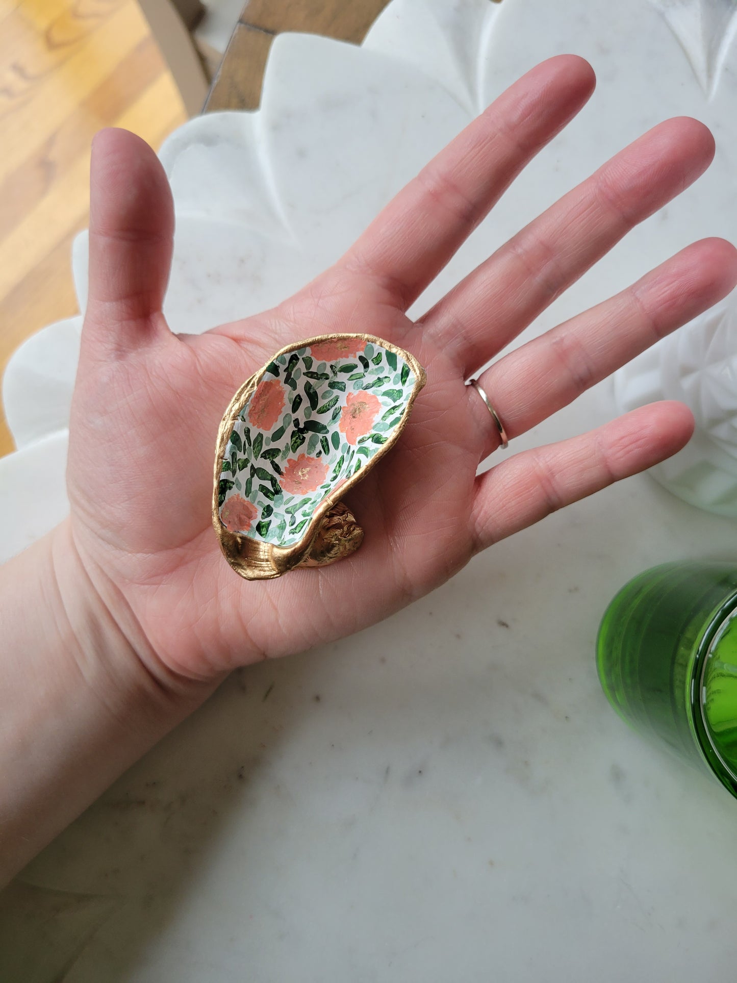 Oyster Shell Ring Dish: Handpainted Peach Florals
