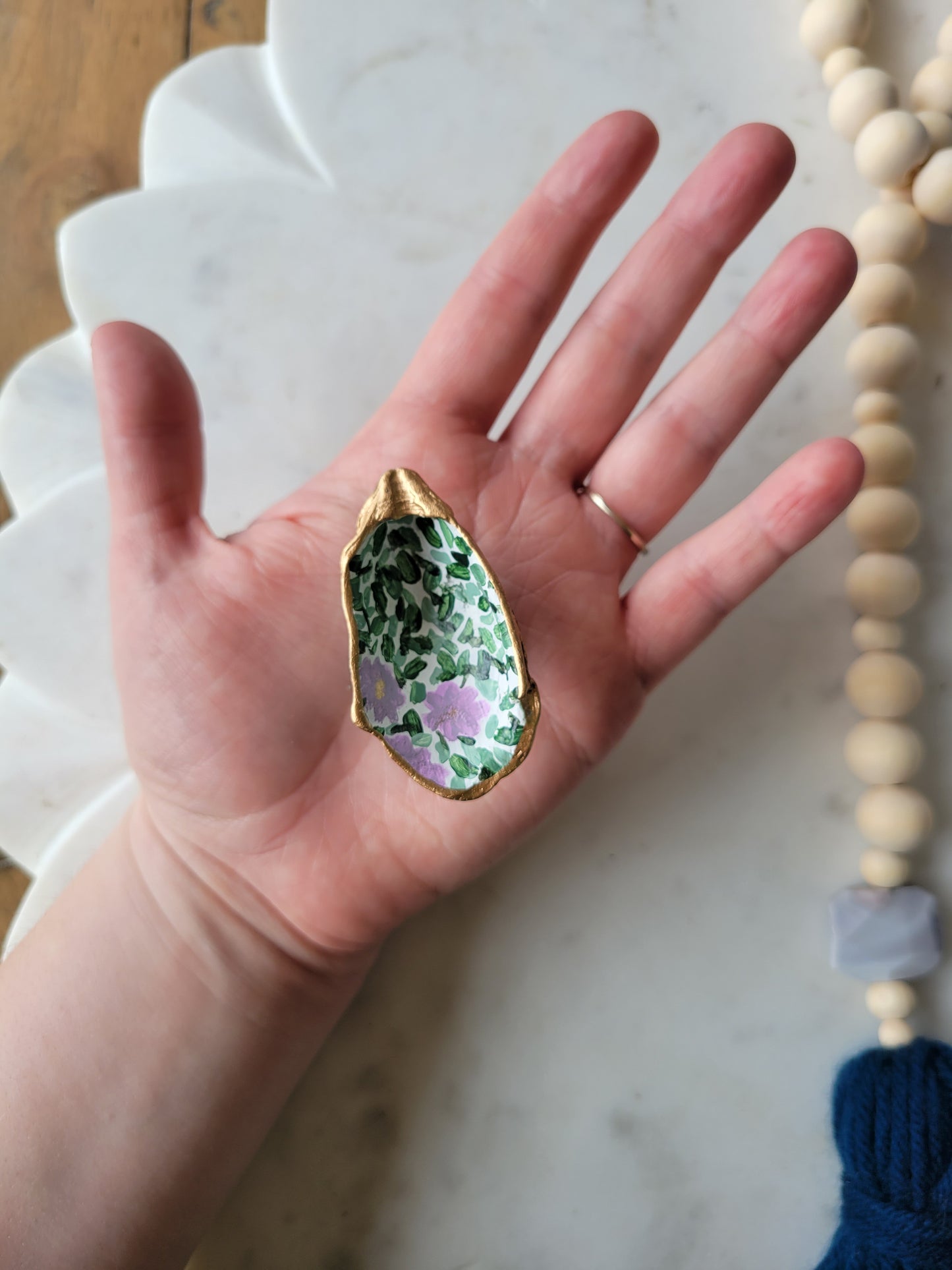 Oyster Shell Ring Dish: Handpainted Florals; Tiny