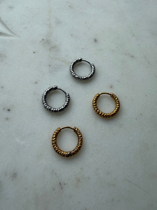Delta : Small Textured Huggie (Style 5) Tarnish Resistant Hoops for Interchangeable Charms