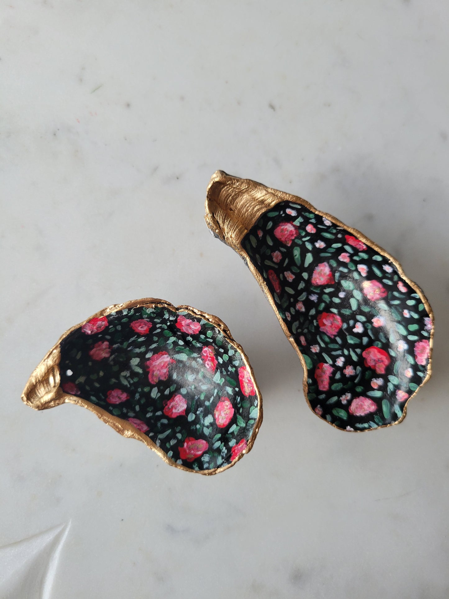 Black Oyster Shell Ring Dish: Handpainted Pink Florals
