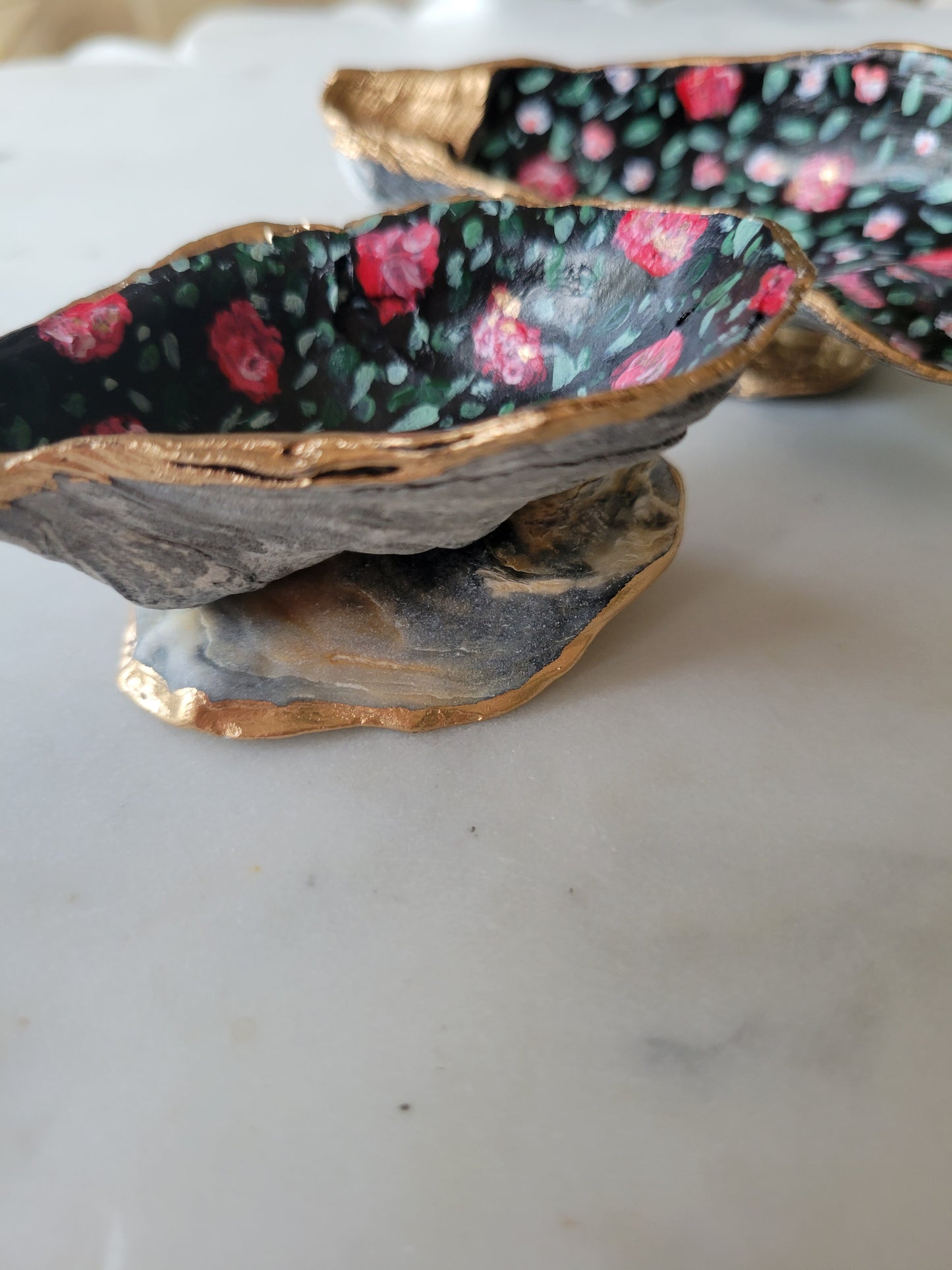 Small Black Oyster Shell Ring Dish: Handpainted Pink Florals
