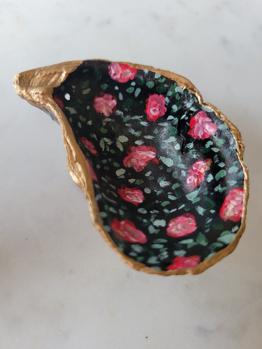 Small Black Oyster Shell Ring Dish: Handpainted Pink Florals