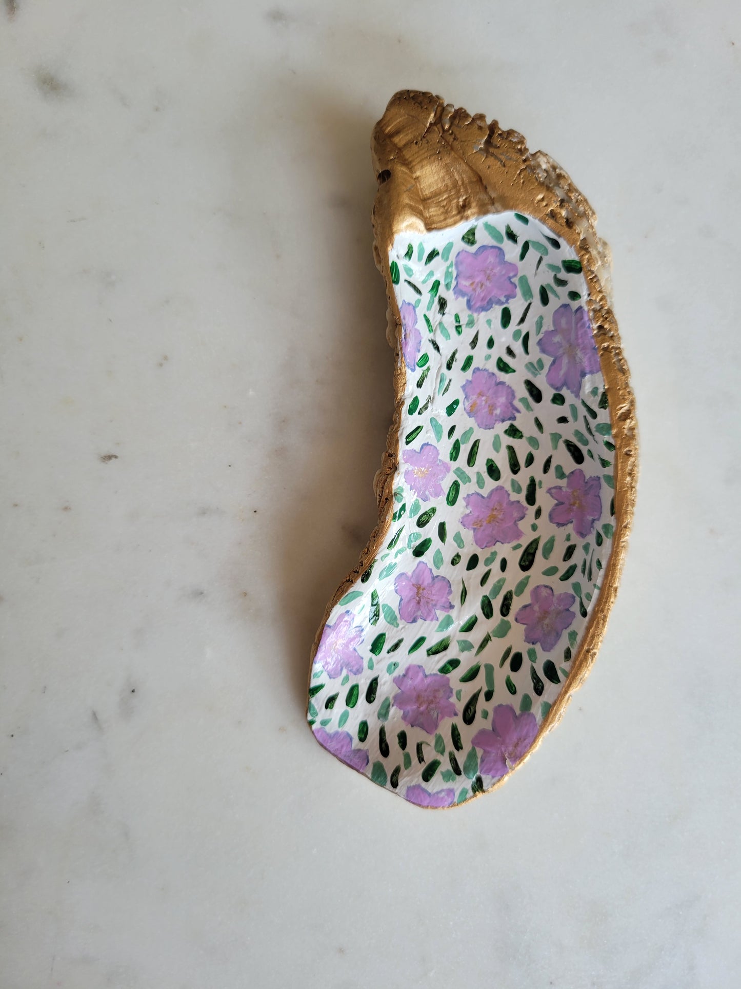 Oyster Shell Catch-All Dish: Handpainted Lavender Florals (Gold Embellishment)