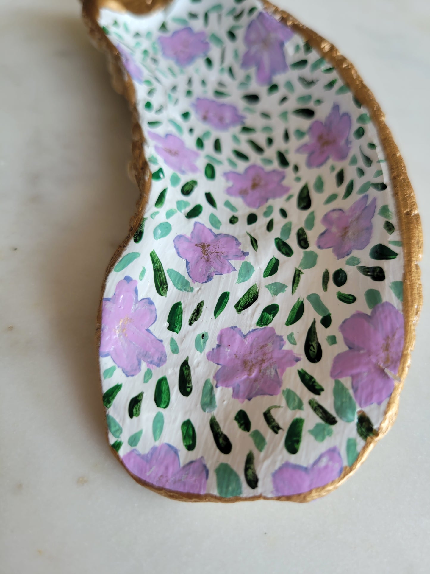 Oyster Shell Catch-All Dish: Handpainted Lavender Florals (Gold Embellishment)