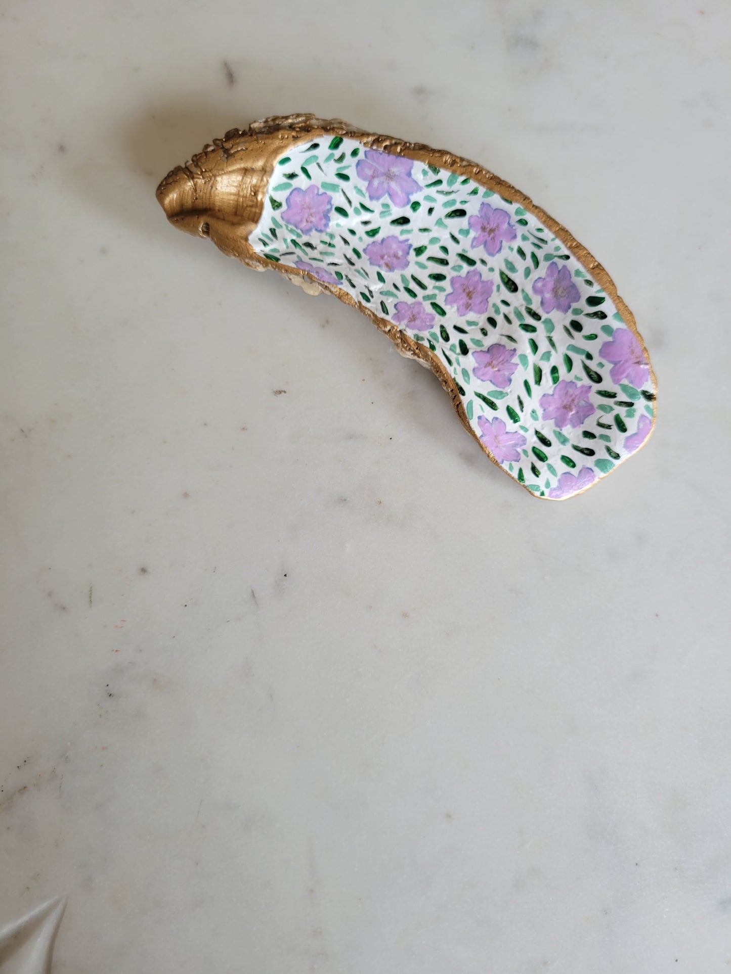 Oyster Shell Catch-All Dish: Handpainted Lavender Florals (Gold Embellishment)