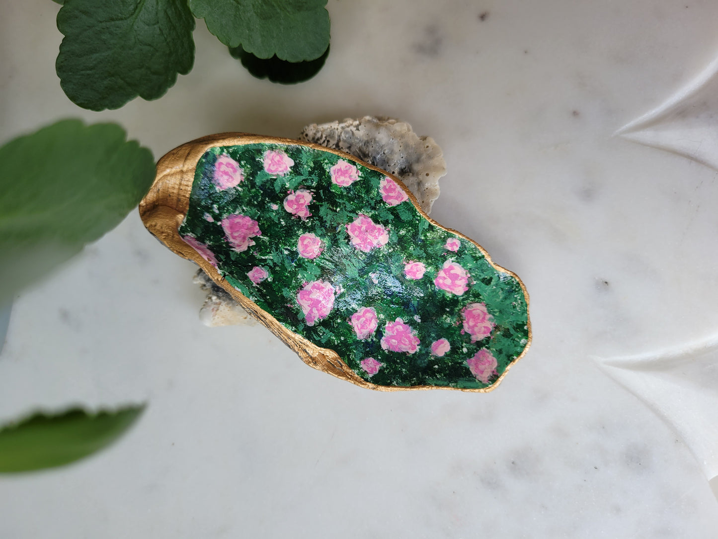 Oyster Shell Ring Dish: Handpainted Peonies