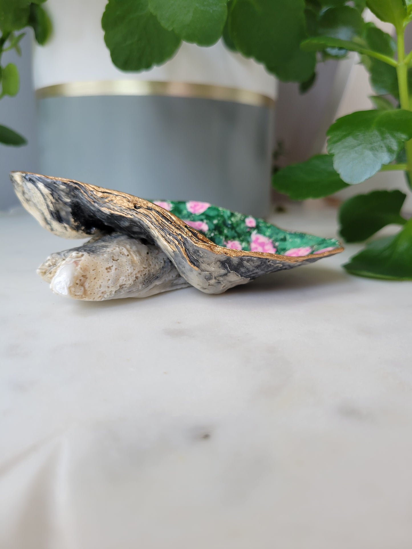 Oyster Shell Ring Dish: Handpainted Peonies