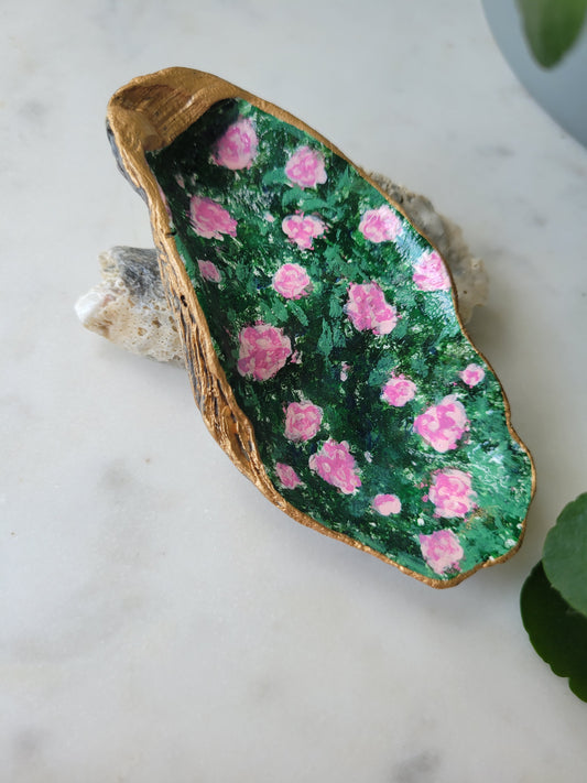 Oyster Shell Ring Dish: Handpainted Peonies