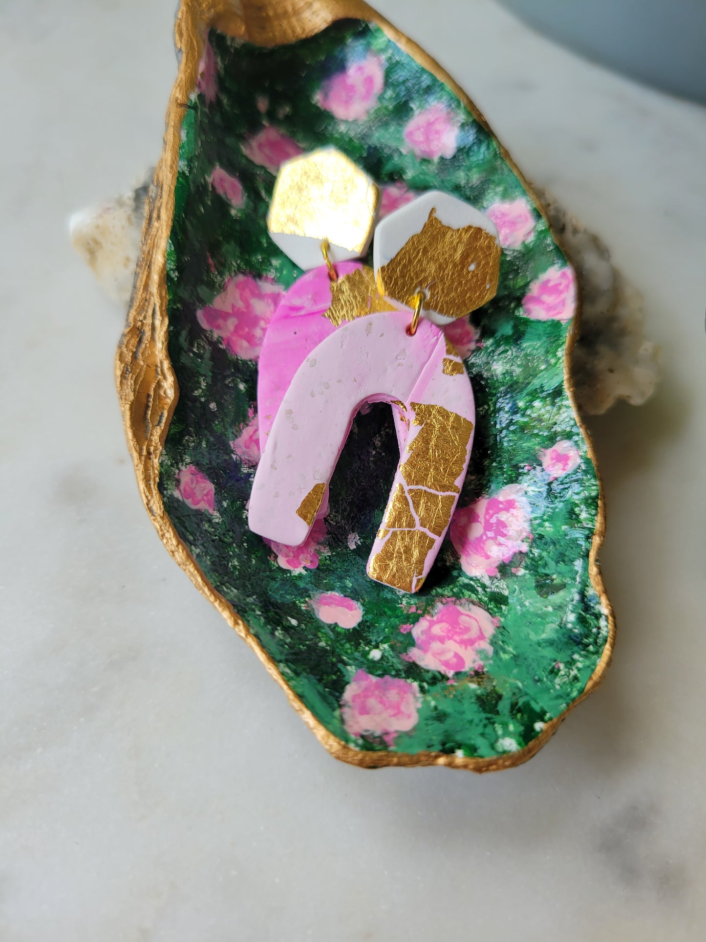 Oyster Shell Ring Dish: Handpainted Peonies