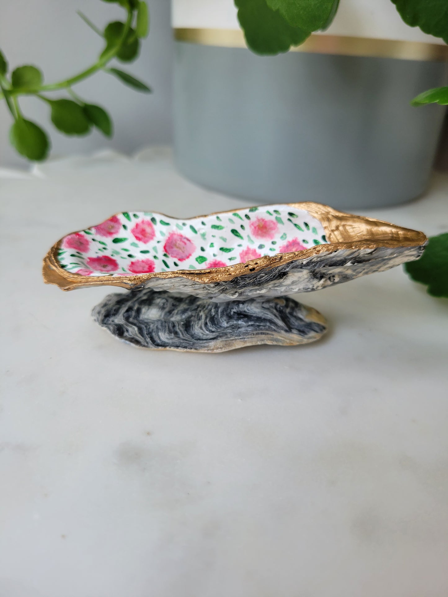 Oyster Shell Ring Dish: Handpainted Pink Florals