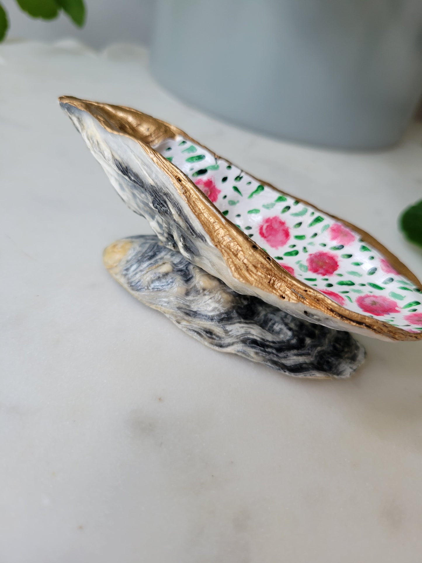 Oyster Shell Ring Dish: Handpainted Pink Florals