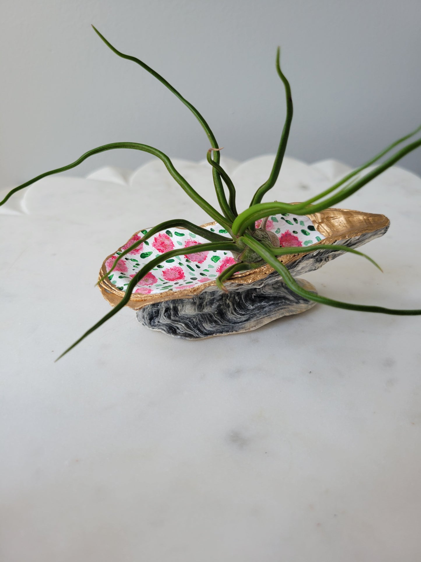 Oyster Shell Ring Dish: Handpainted Pink Florals