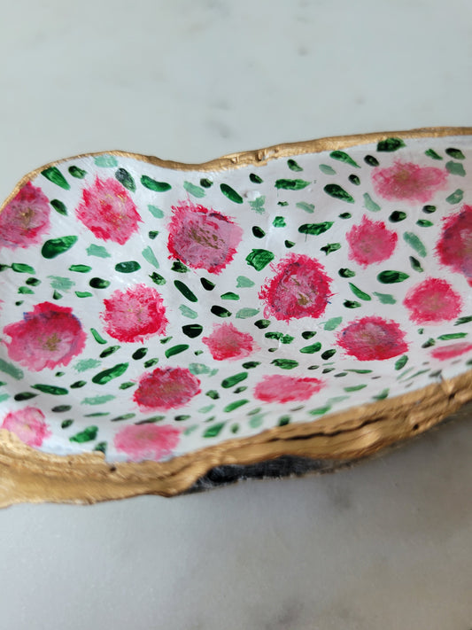 Oyster Shell Ring Dish: Handpainted Pink Florals