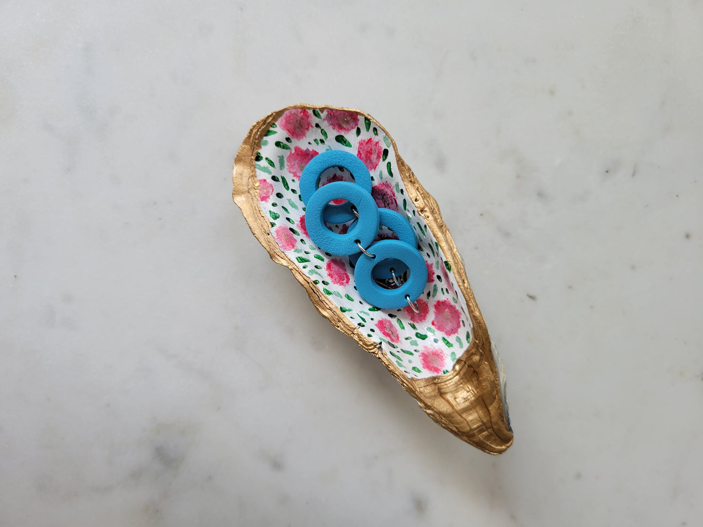 Oyster Shell Ring Dish: Handpainted Pink Florals