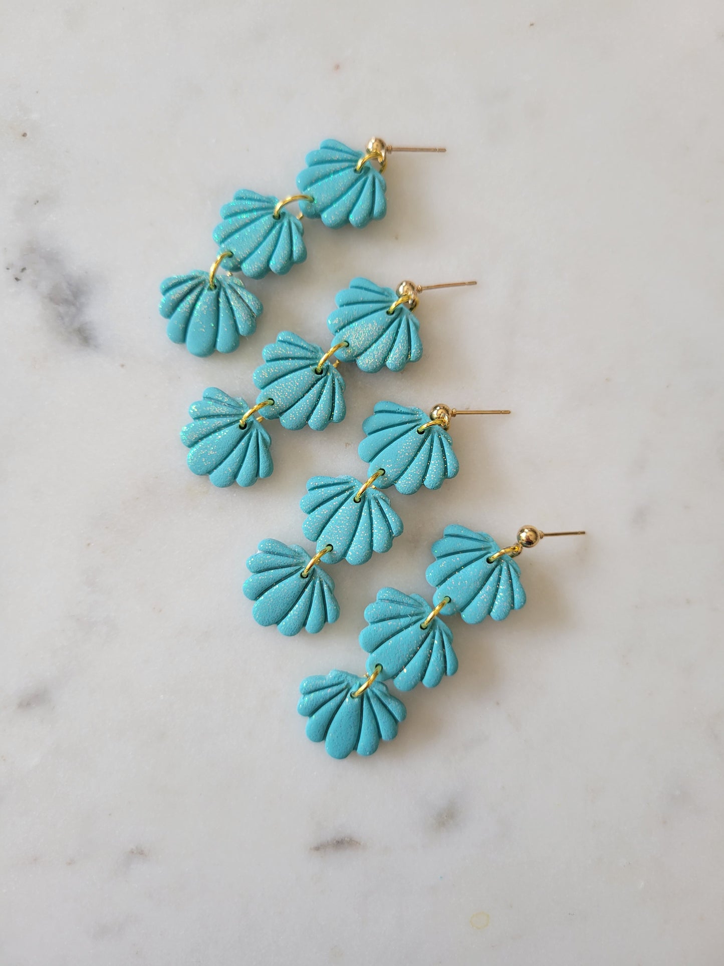 Seashell Long Dangles: Teal Glitter