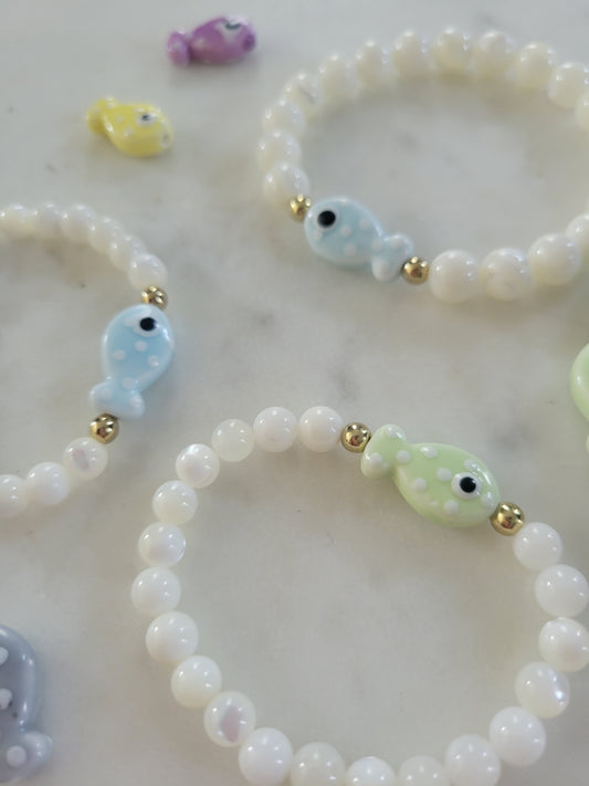 *Child's Size* Fish Beaded Bracelet: White Mother of Pearl