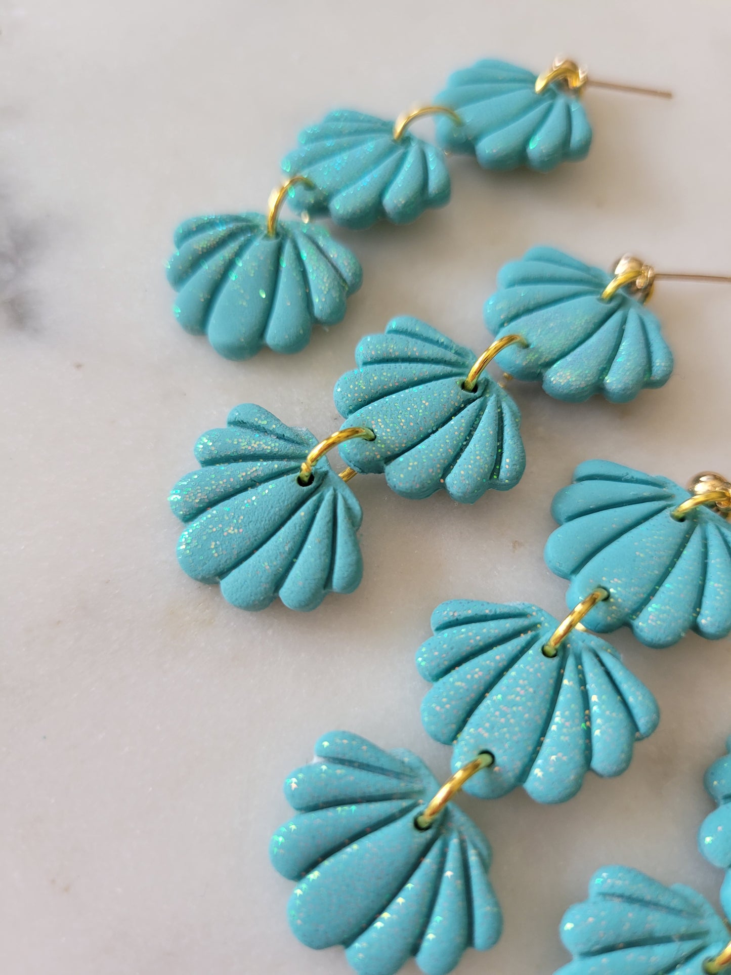 Seashell Long Dangles: Teal Glitter