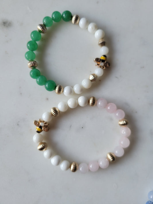 Bee Stack : Rose Quartz & Green Adventurine Bracelets (2)