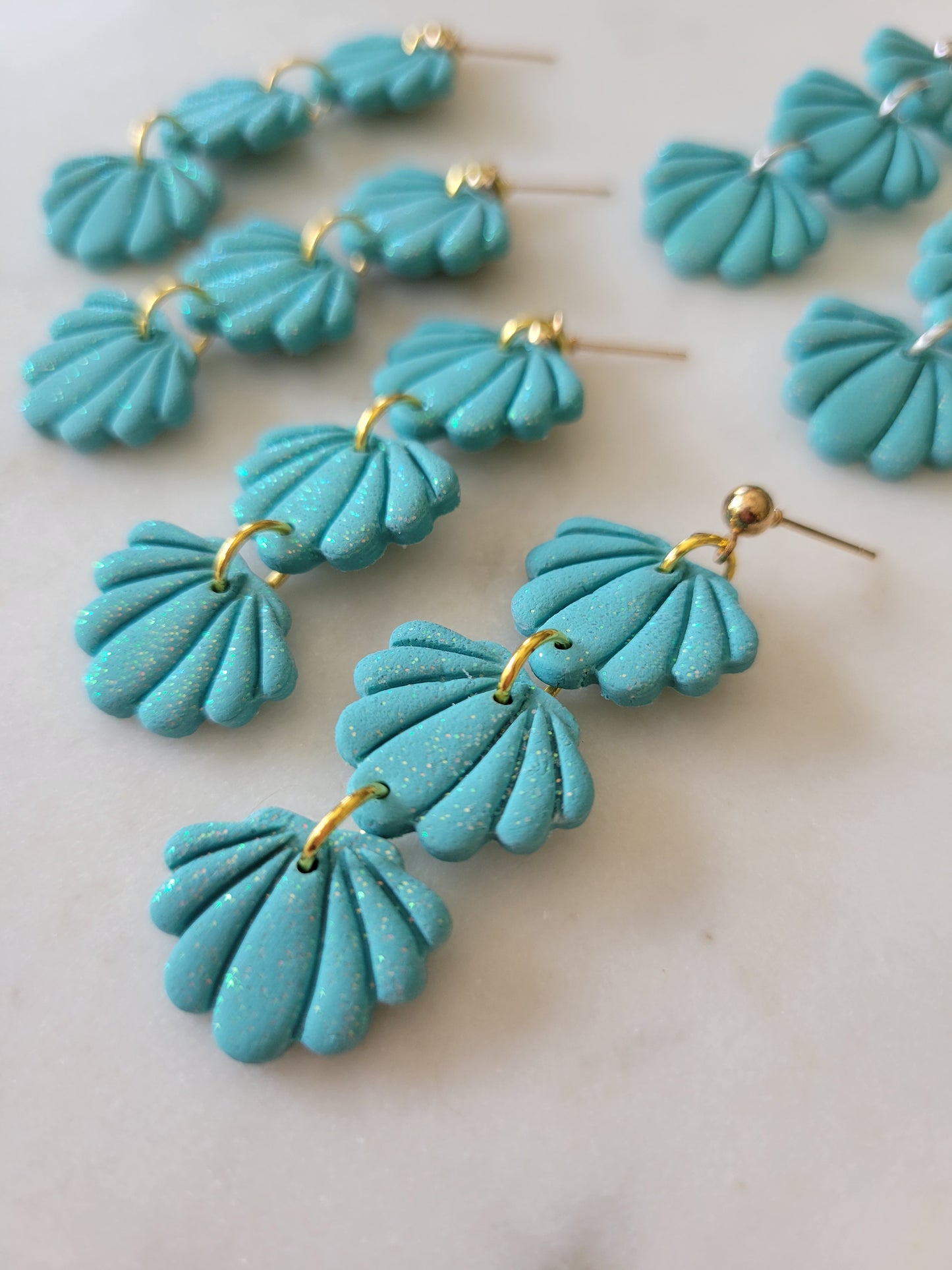Seashell Long Dangles: Teal Glitter