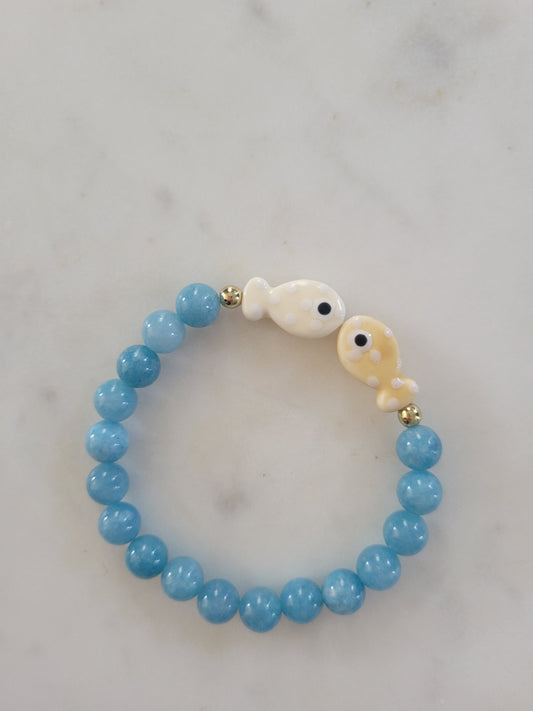 Kissing Fish & Blue Jade Beaded Bracelet