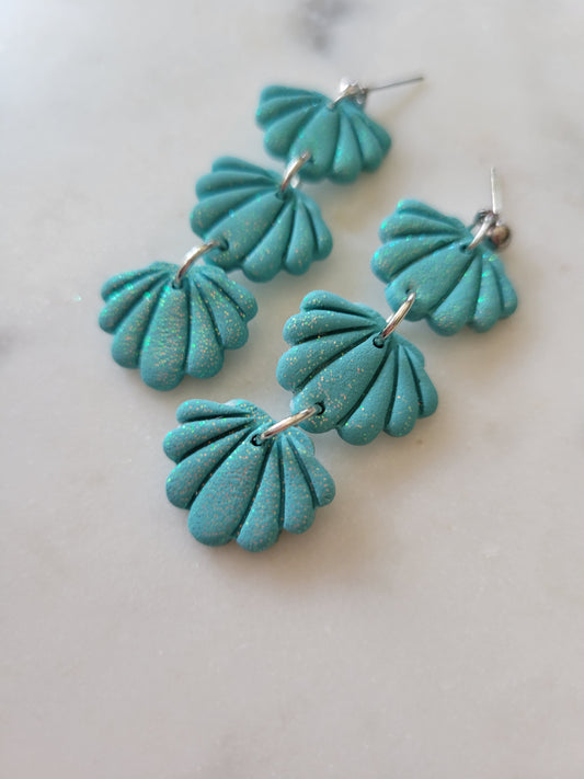 Seashell Long Dangles: Teal Glitter