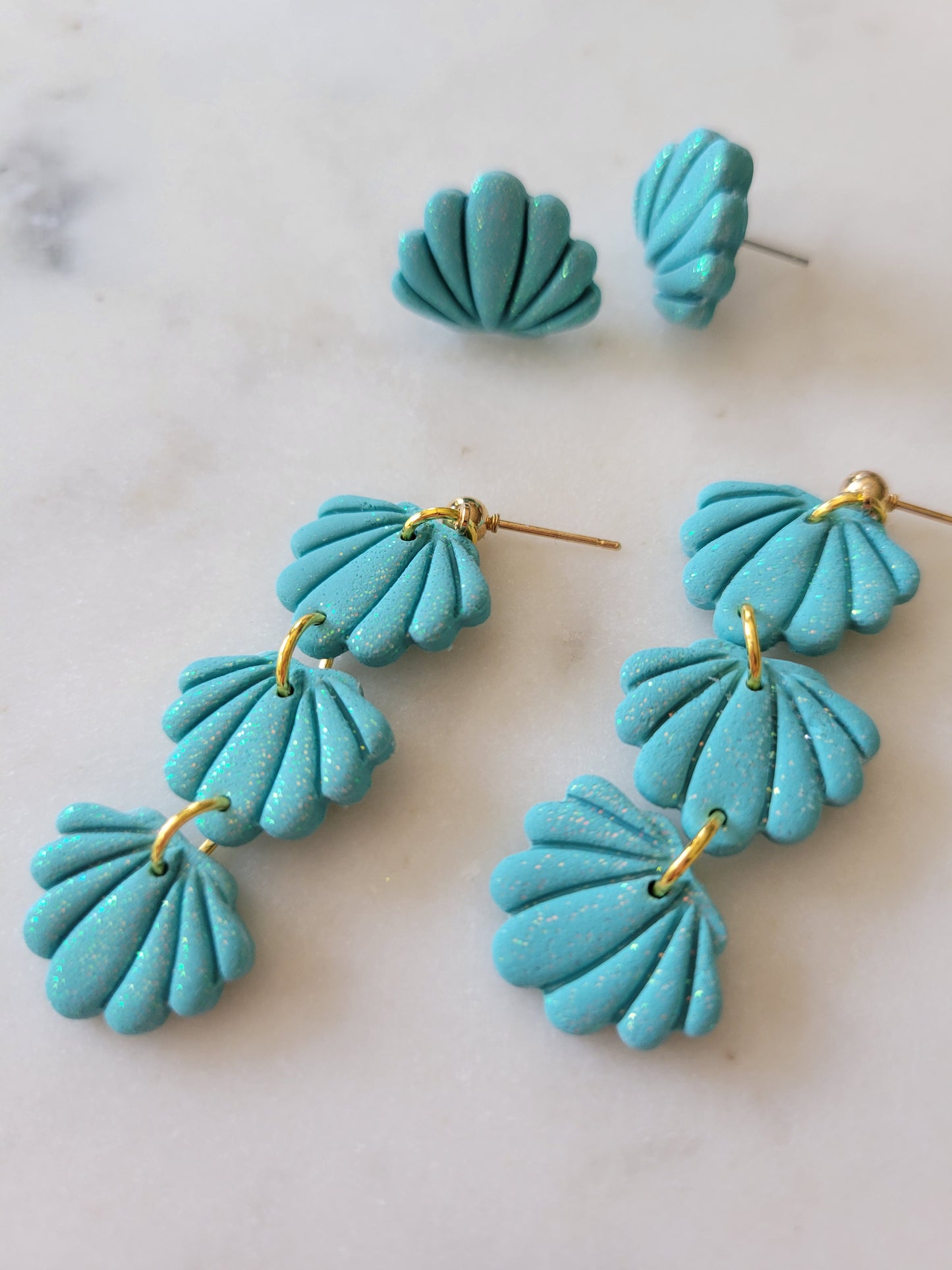Seashell Long Dangles: Teal Glitter