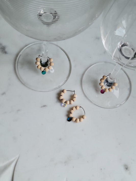 Wood Bead & Gem Wine Charms (Set of 4 : Small)