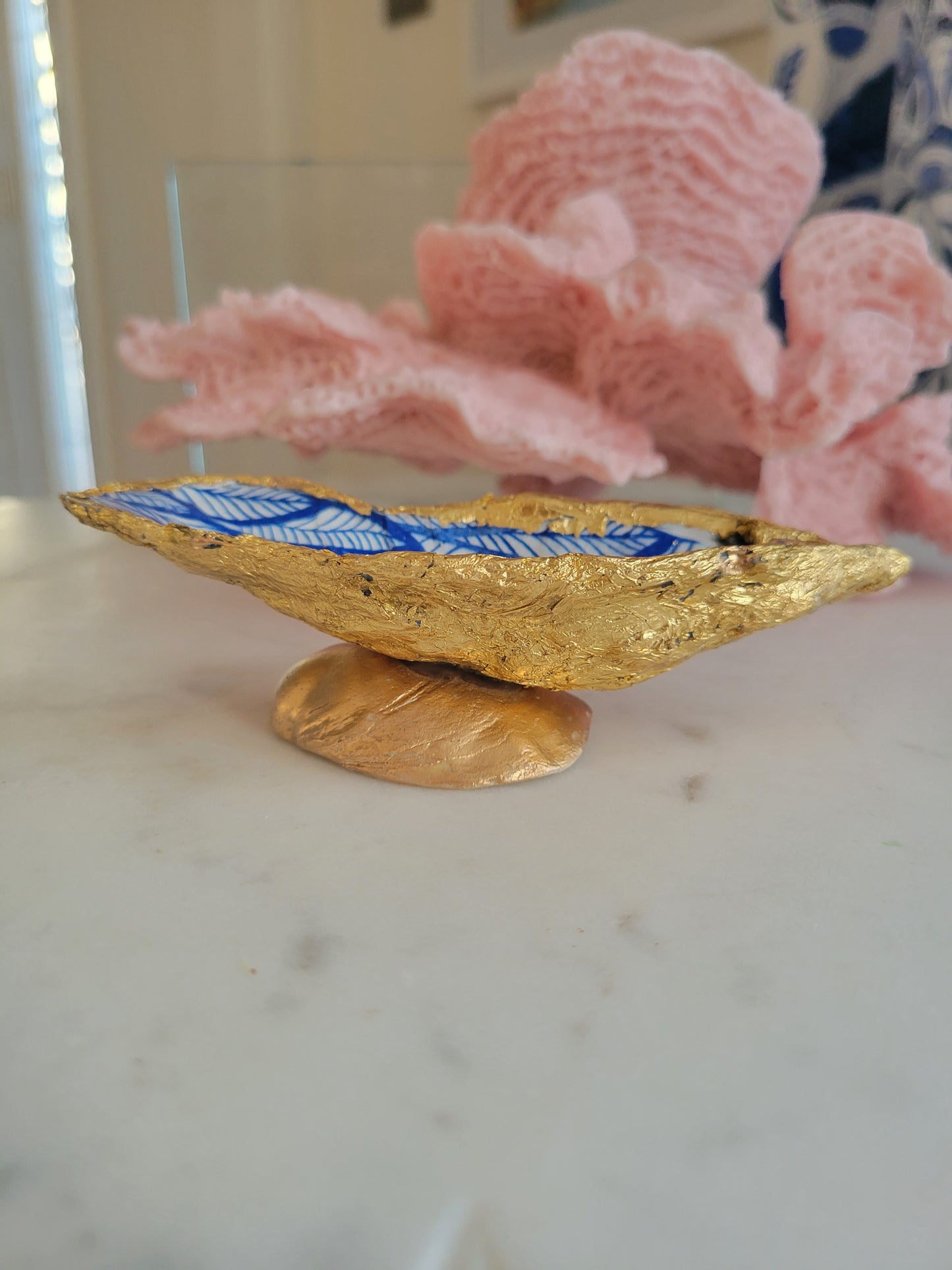 Oyster Shell Trinket Dish: Blue and White