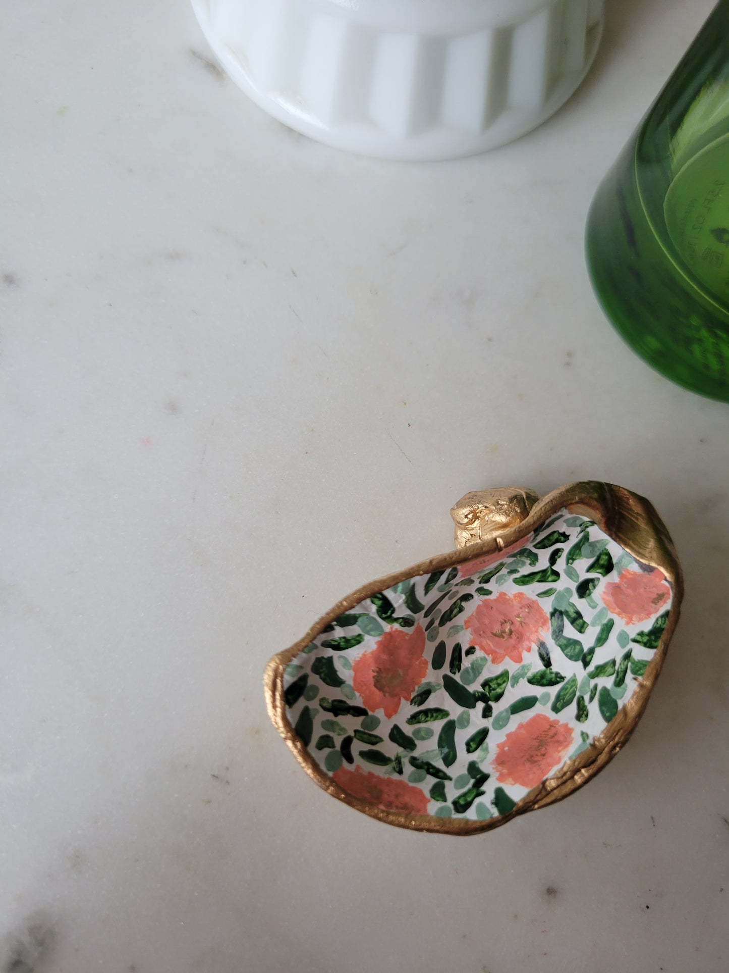 Oyster Shell Ring Dish: Handpainted Peach Florals