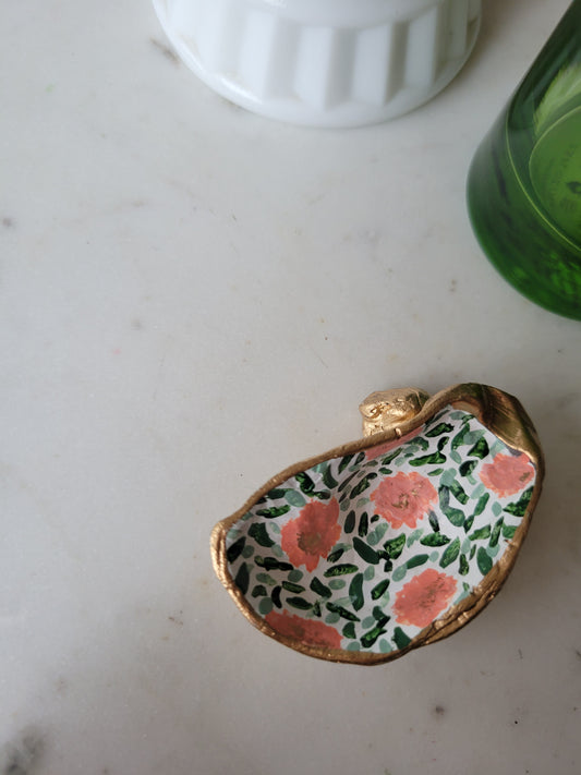 Oyster Shell Ring Dish: Handpainted Peach Florals