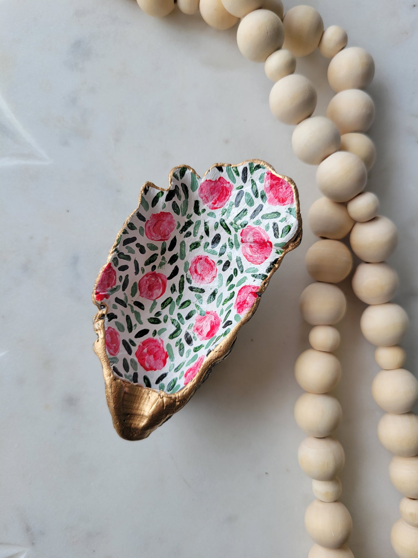 Oyster Shell Ring Dish: Handpainted Pink Florals