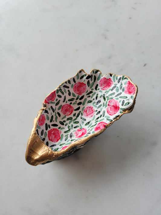 Oyster Shell Ring Dish: Handpainted Pink Florals
