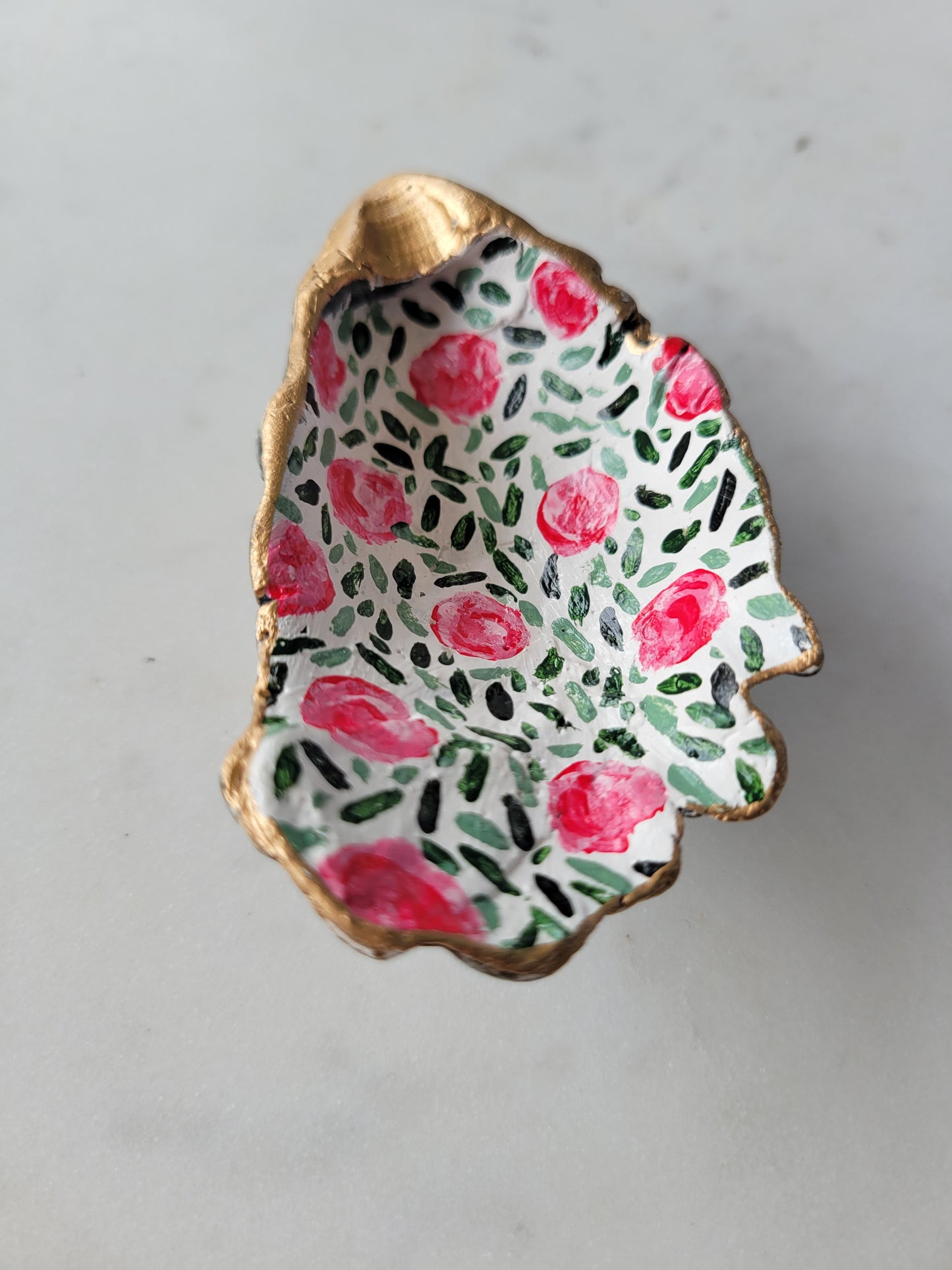 Oyster Shell Ring Dish: Handpainted Pink Florals