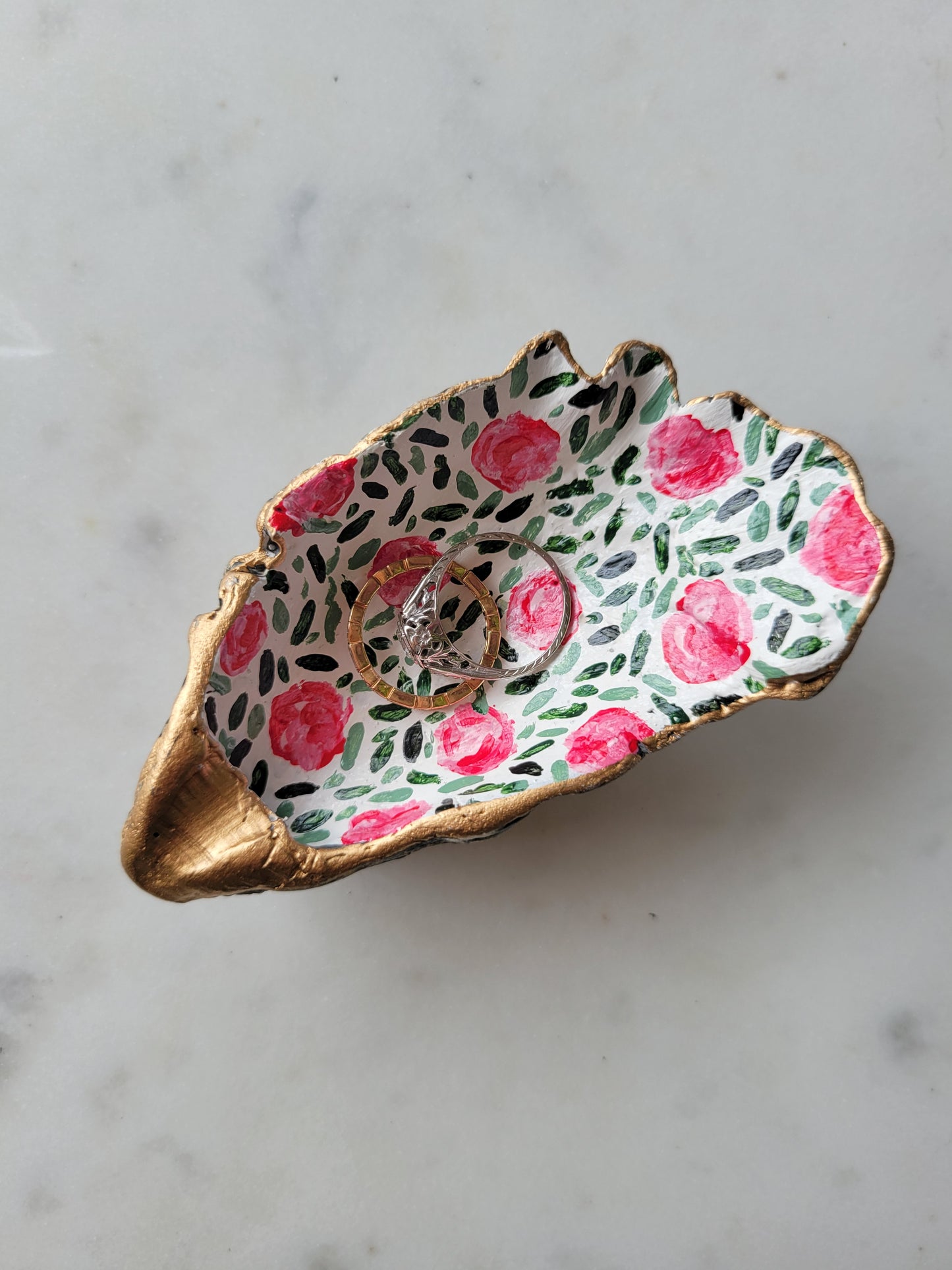 Oyster Shell Ring Dish: Handpainted Pink Florals